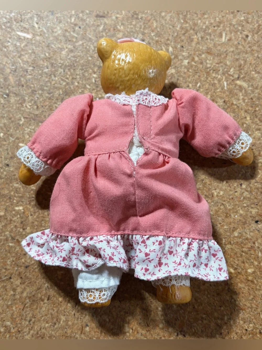 Vintage 1990s Mini Porcelain Teddy Bear Doll Russ Berrie Pink Dress 5”